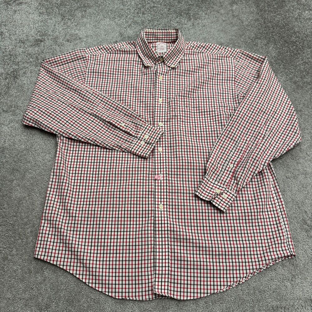 Brooks Brothers 346 Non-Iron Button Down Shirt Mens Large Red Brown Plaid Cotton